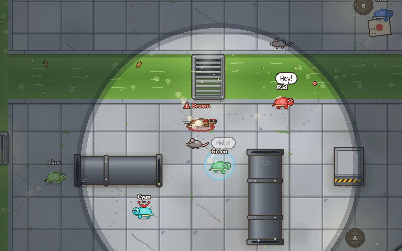 Sewer: a pool of light over tiled floors, pipes and a green sludge channel