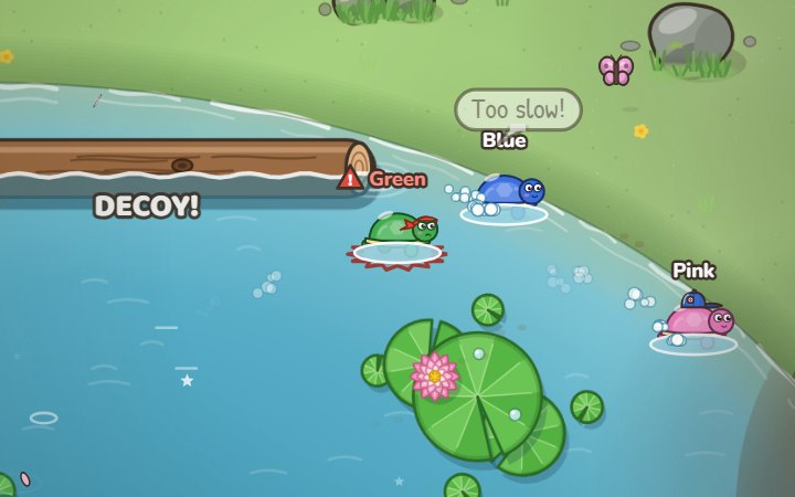 A tagger round on the Lily Pond: you're IT, chasing a blue turtle across the water